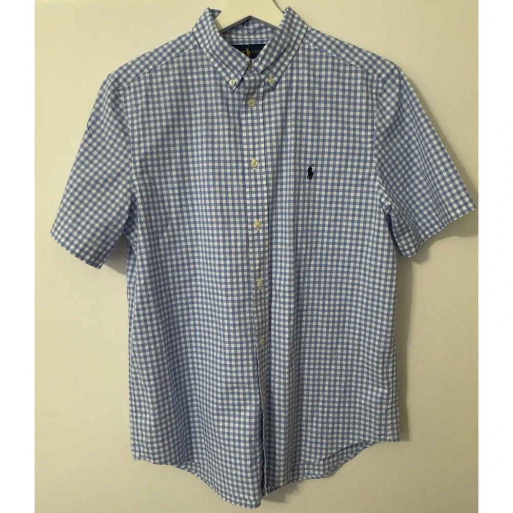Ralph Lauren Gingham Button Down Boys‎ XL 18-20 Blue White Short Sleeve Preppy